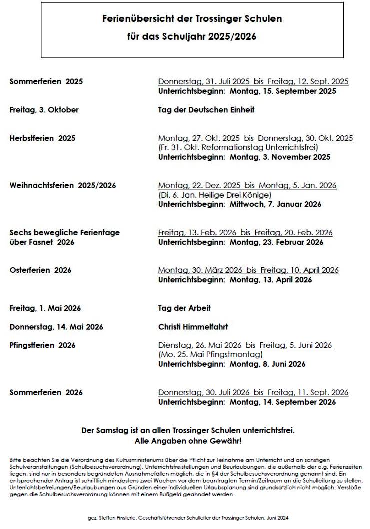 Ferienbersicht der Trossinger Schulen 2025/2026